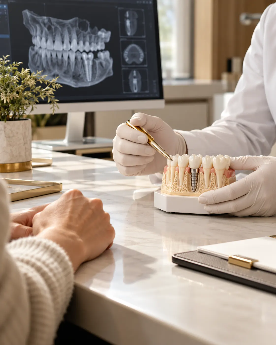 A clinician uses a dental model with an implant to explain treatment to a patient, with a 3D jaw scan on a screen behind