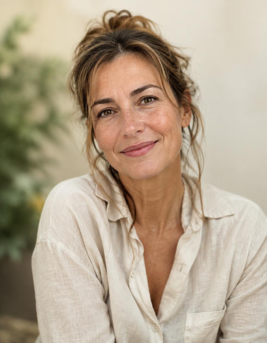 A smiling woman in a linen shirt, relaxed and at ease